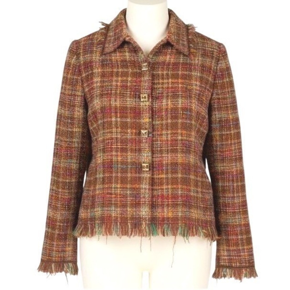 Carlisle Vintage Tweed Jacket Size 6 Brown Multicolor Fringe Luxe Career Chic